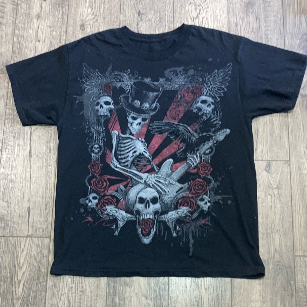 Retro Mens Large Alstyle Skeleton Playing BASS Guitar Roses T SHIRT Black - Picture 1 of 4